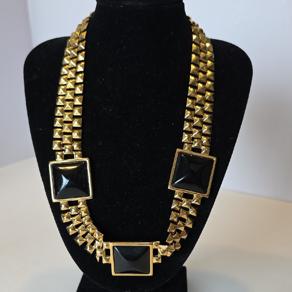 Monet Vintage 1980s Black Cabachon And Goldtone Statement Necklace